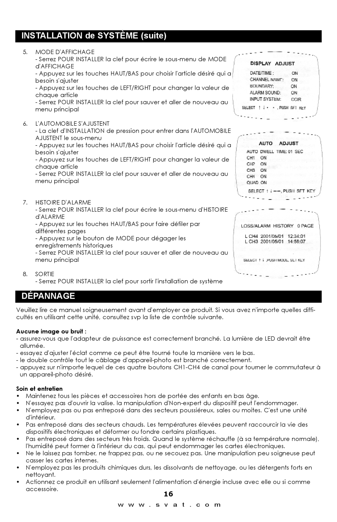 SVAT Electronics Q1204 instruction manual Dépannage, Aucune image ou bruit, Soin et entretien 