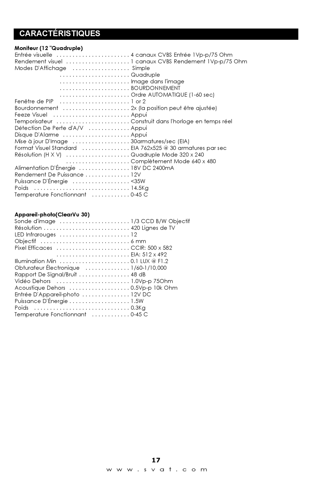 SVAT Electronics Q1204 instruction manual Caractéristiques, Moniteur 12 Quadruple, Bourdonnement, Appareil-photoClearVu 