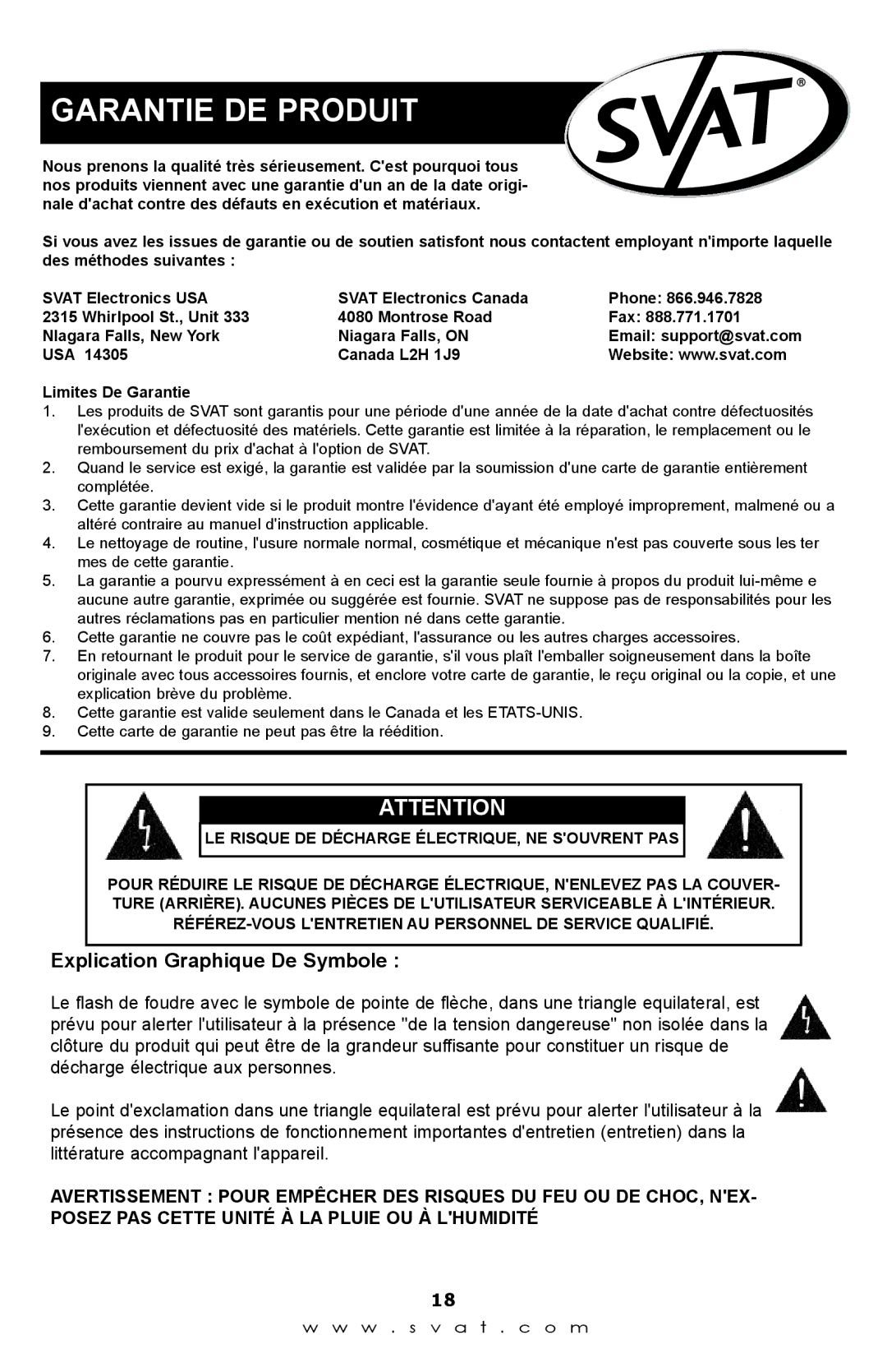 SVAT Electronics Q1204 instruction manual Garantie DE Produit, Explication Graphique De Symbole 