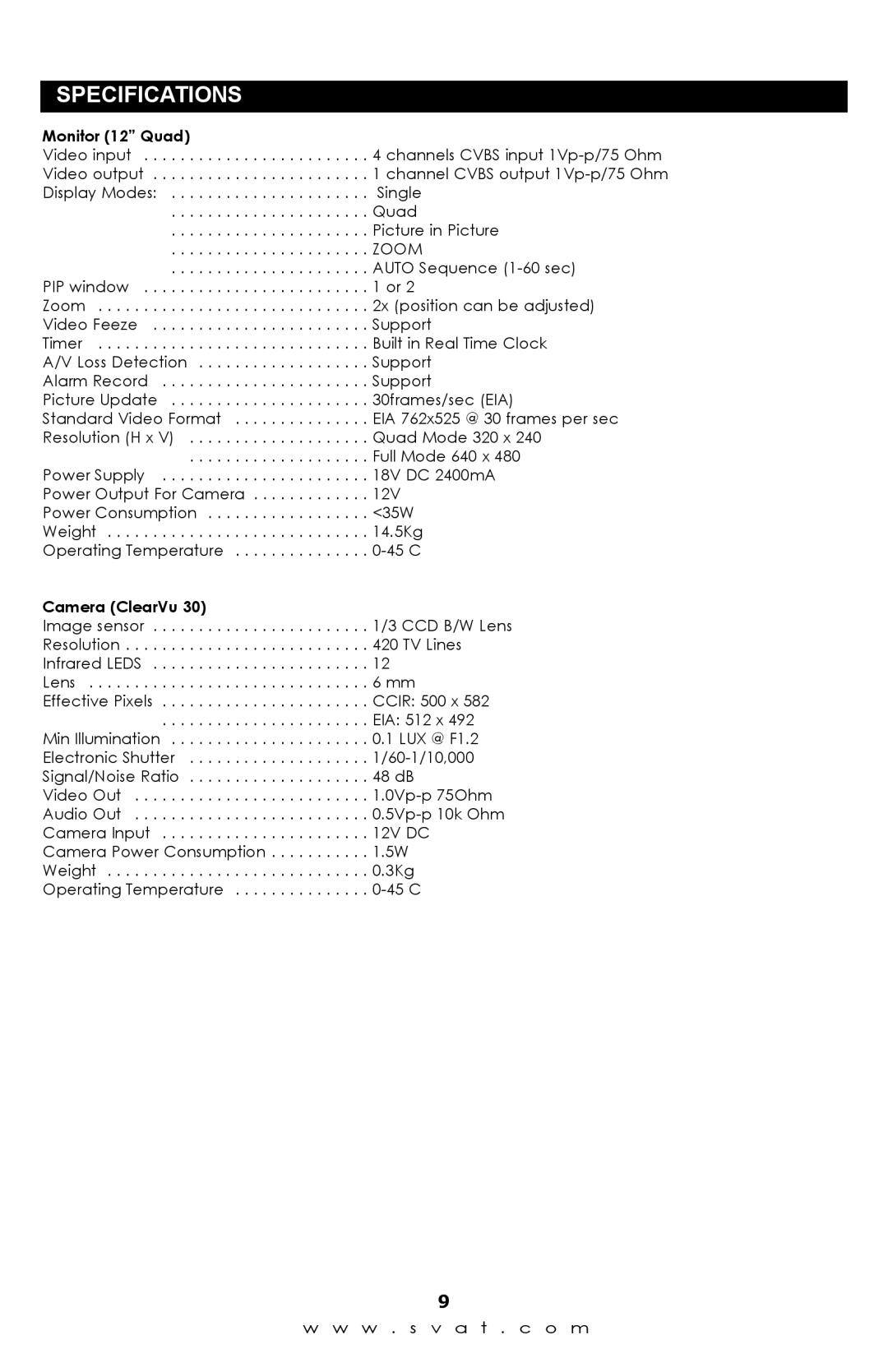 SVAT Electronics Q1204 instruction manual Specifications, Monitor 12 Quad, Zoom, Camera ClearVu 