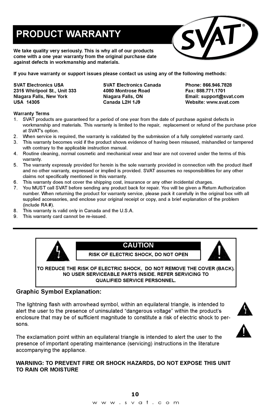 SVAT Electronics Q1404 instruction manual Product Warranty, Graphic Symbol Explanation 