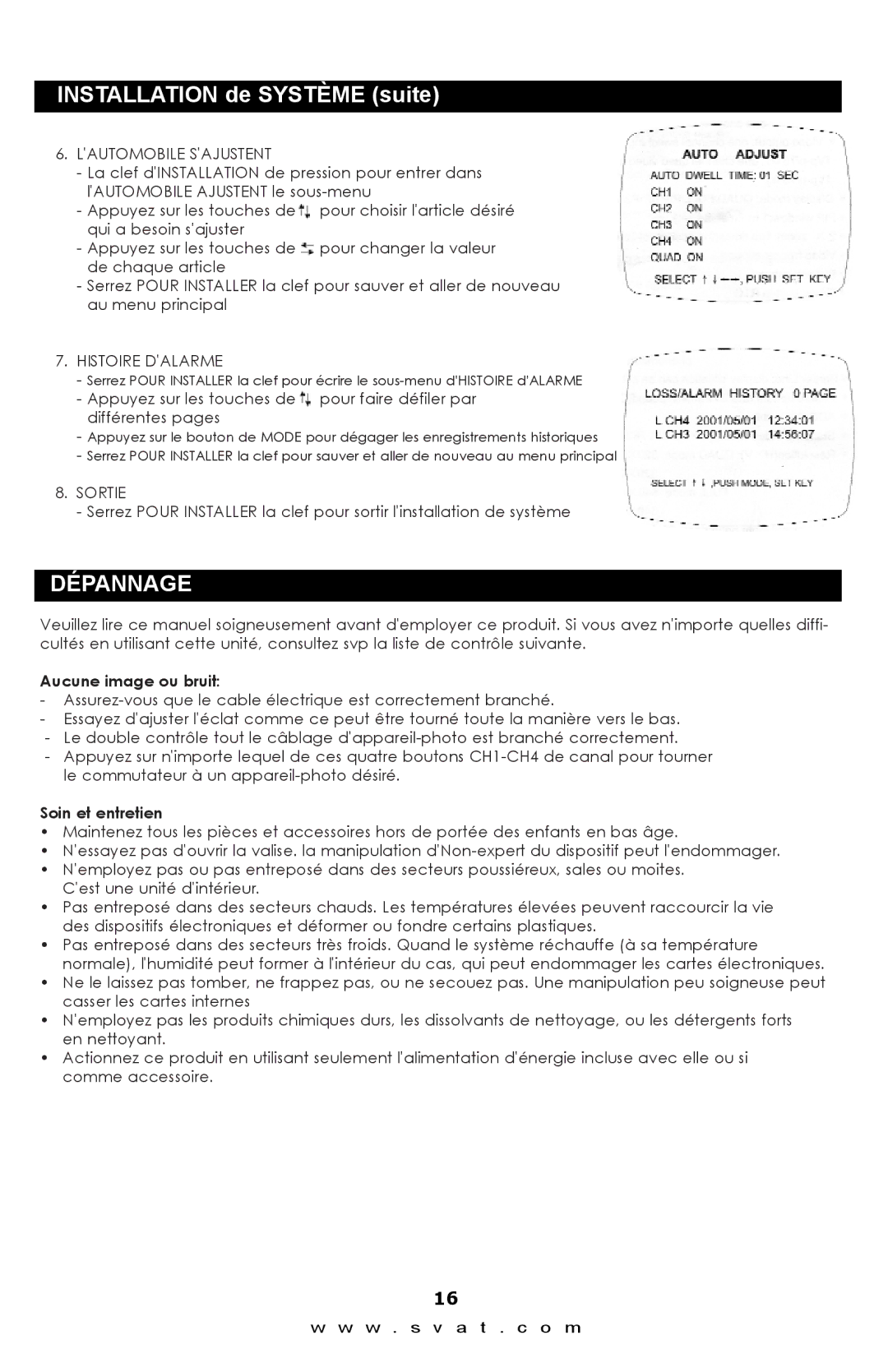 SVAT Electronics Q1404 instruction manual Dépannage, Lautomobile Sajustent, Histoire Dalarme, Sortie 