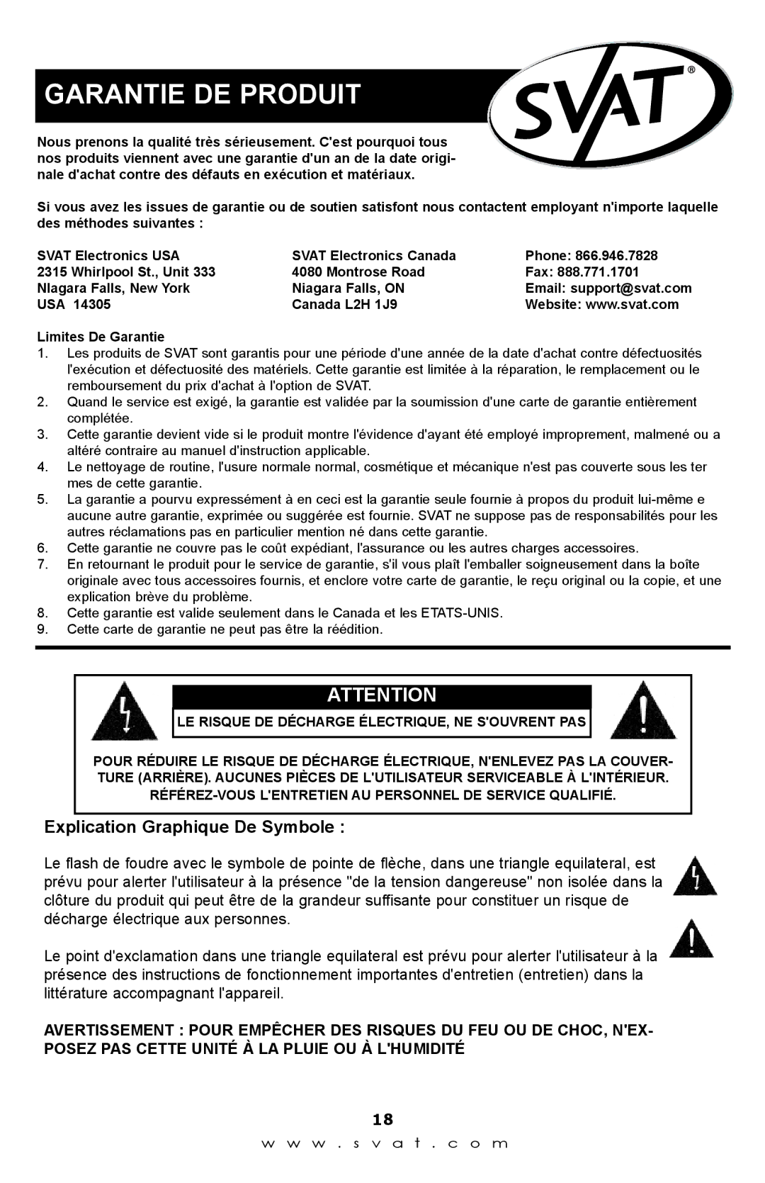 SVAT Electronics Q1404 instruction manual Garantie DE Produit, Explication Graphique De Symbole 