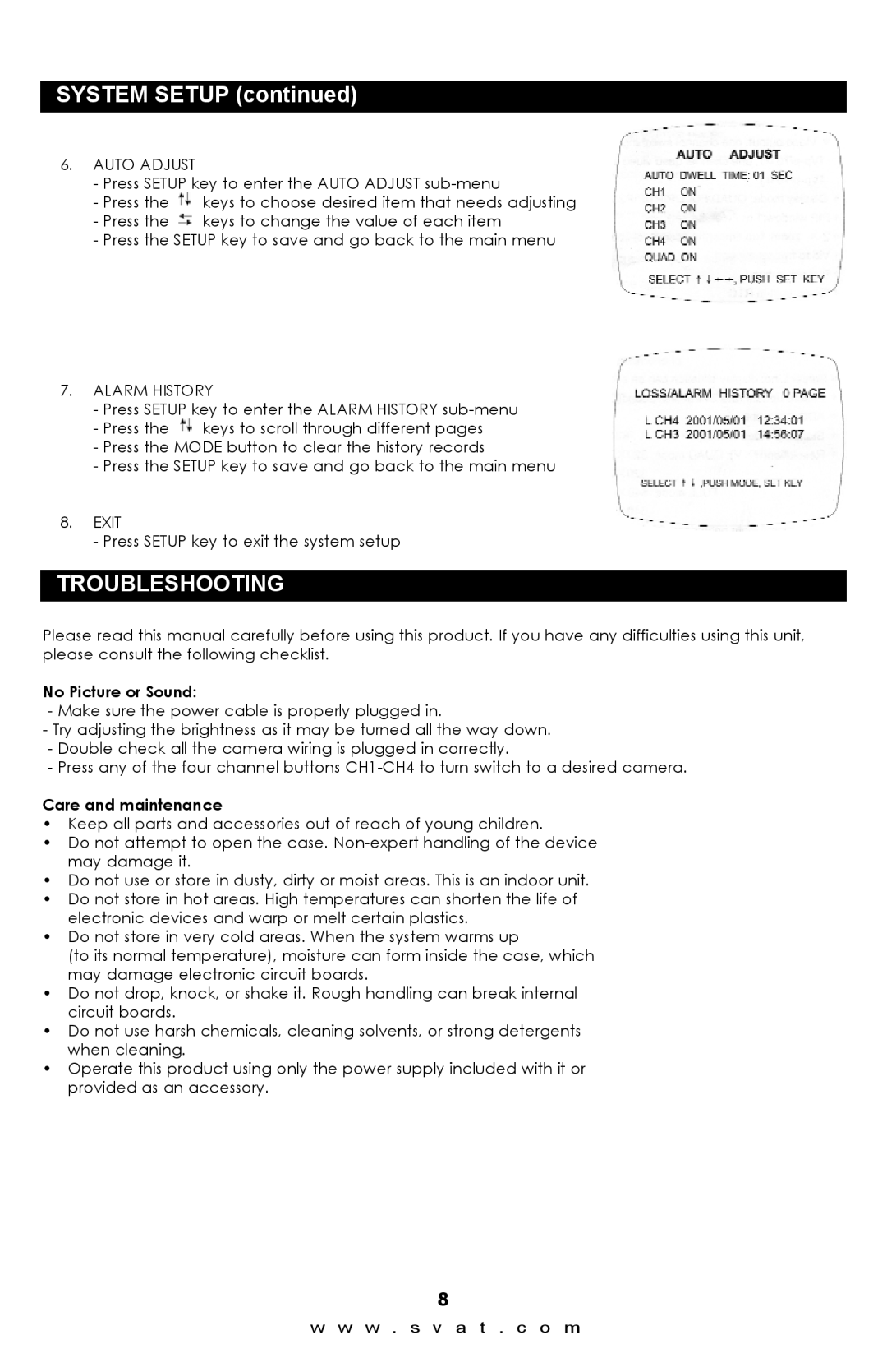 SVAT Electronics Q1404 instruction manual Troubleshooting, Auto Adjust, Alarm History, Exit 