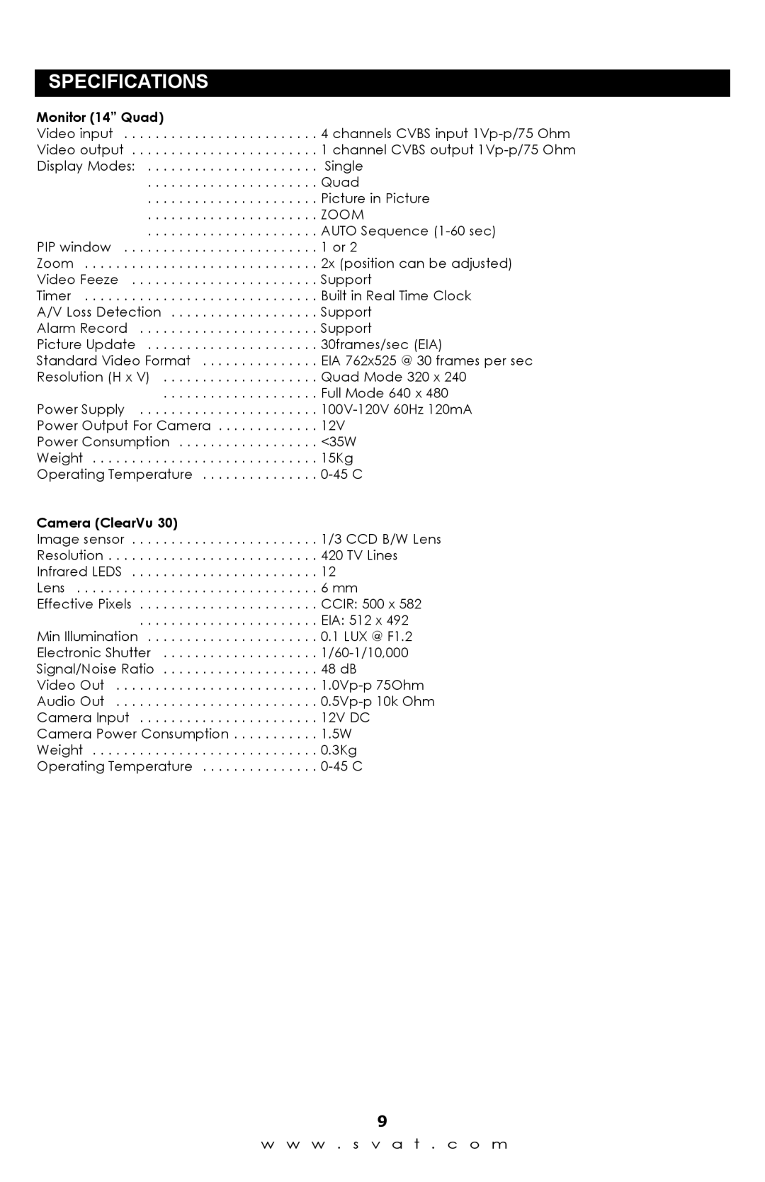 SVAT Electronics Q1404 instruction manual Specifications, Zoom 