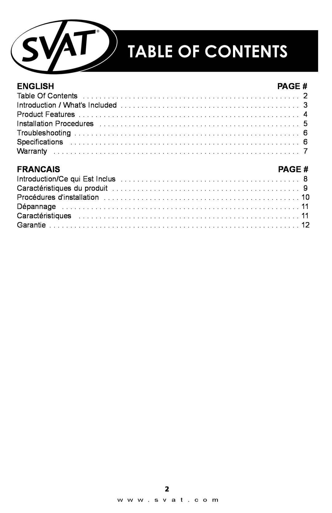 SVAT Electronics qxd600 instruction manual English, Page #, Francais, Table Of Contents 