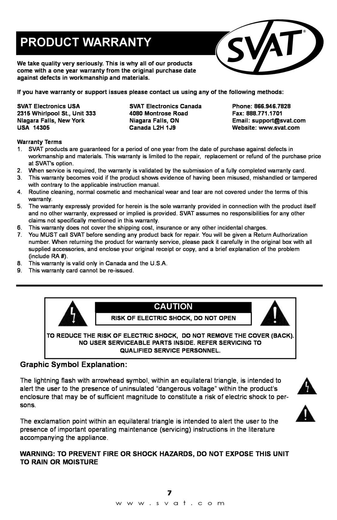 SVAT Electronics qxd600 instruction manual Product Warranty, Graphic Symbol Explanation 