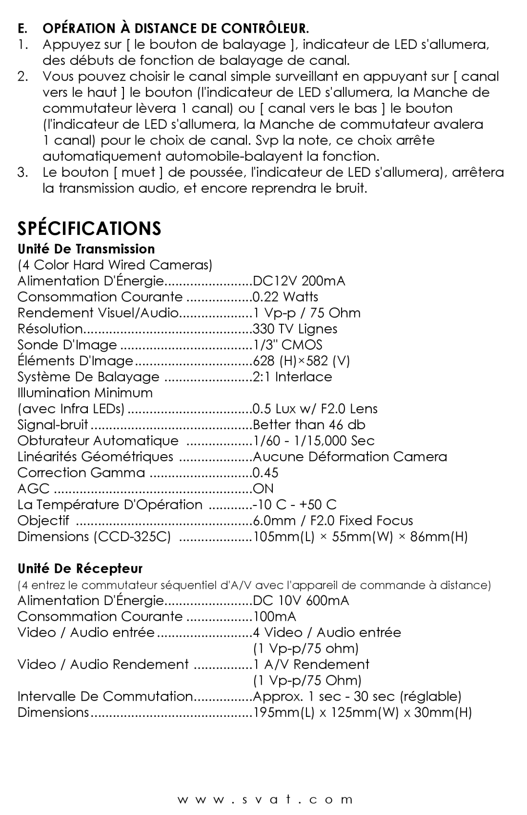 SVAT Electronics S400 user manual Spécifications, Opération À Distance DE Contrôleur 