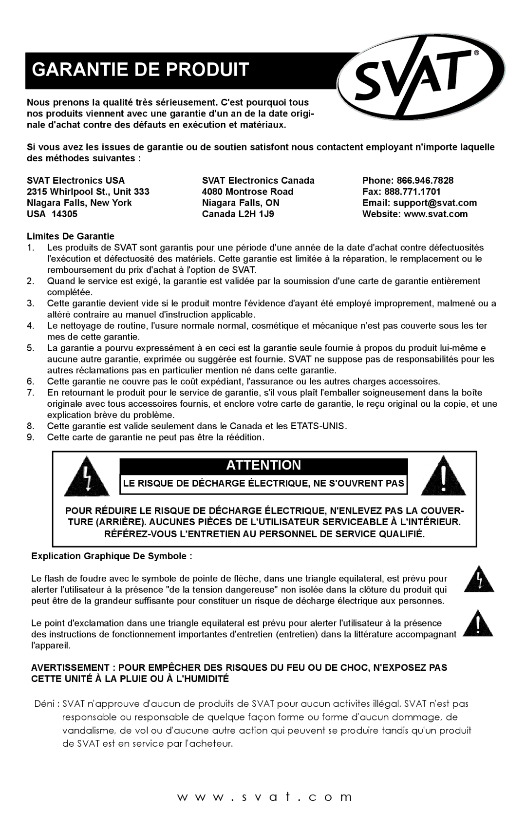 SVAT Electronics S400 user manual Garantie DE Produit 