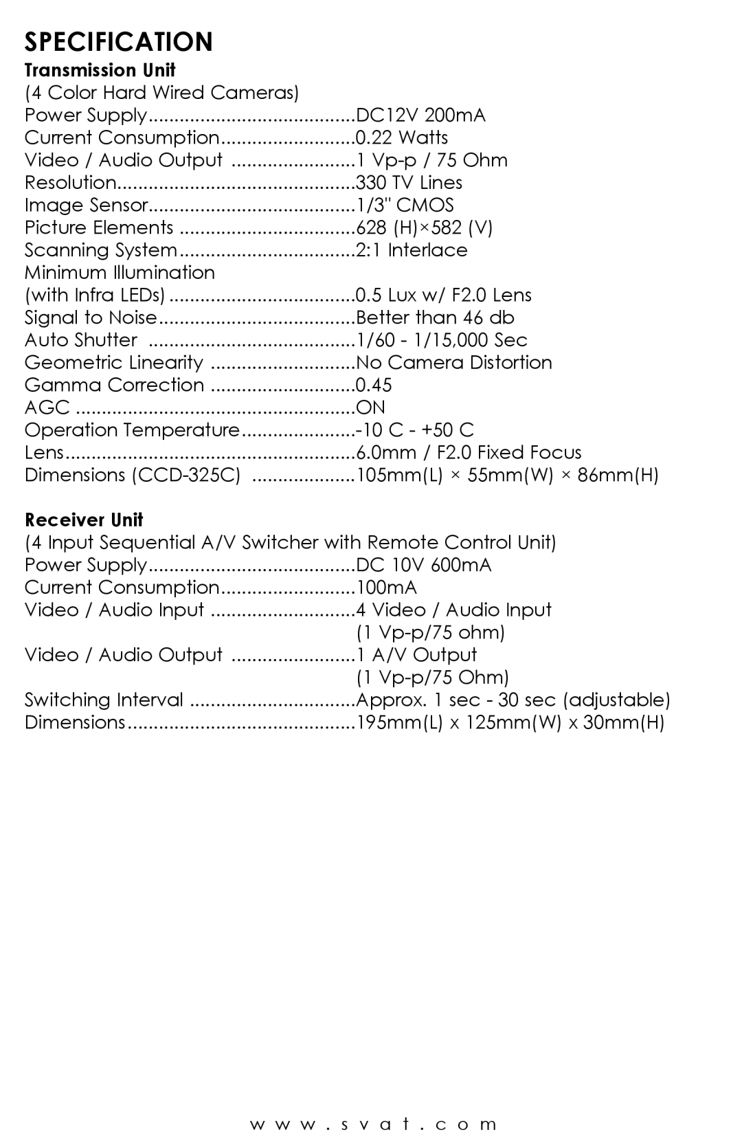 SVAT Electronics S400 user manual Specification, Transmission Unit 