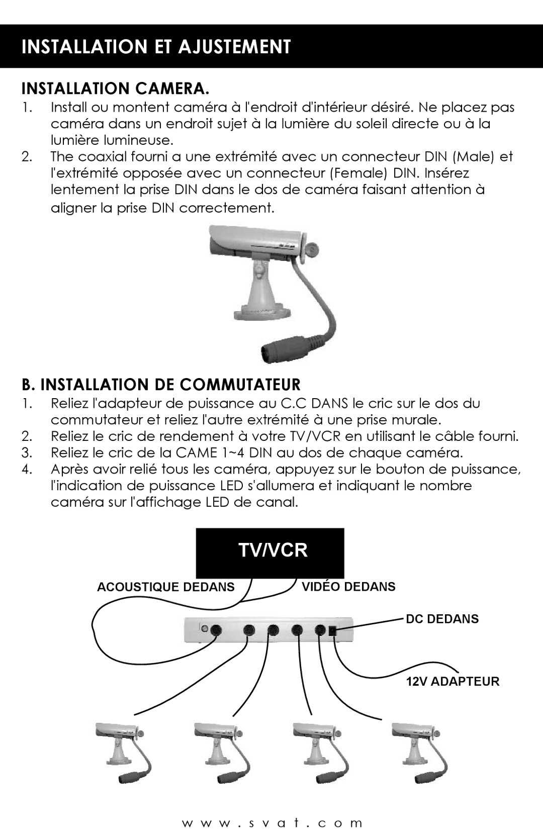 SVAT Electronics S400 user manual Installation Camera, Installation DE Commutateur 