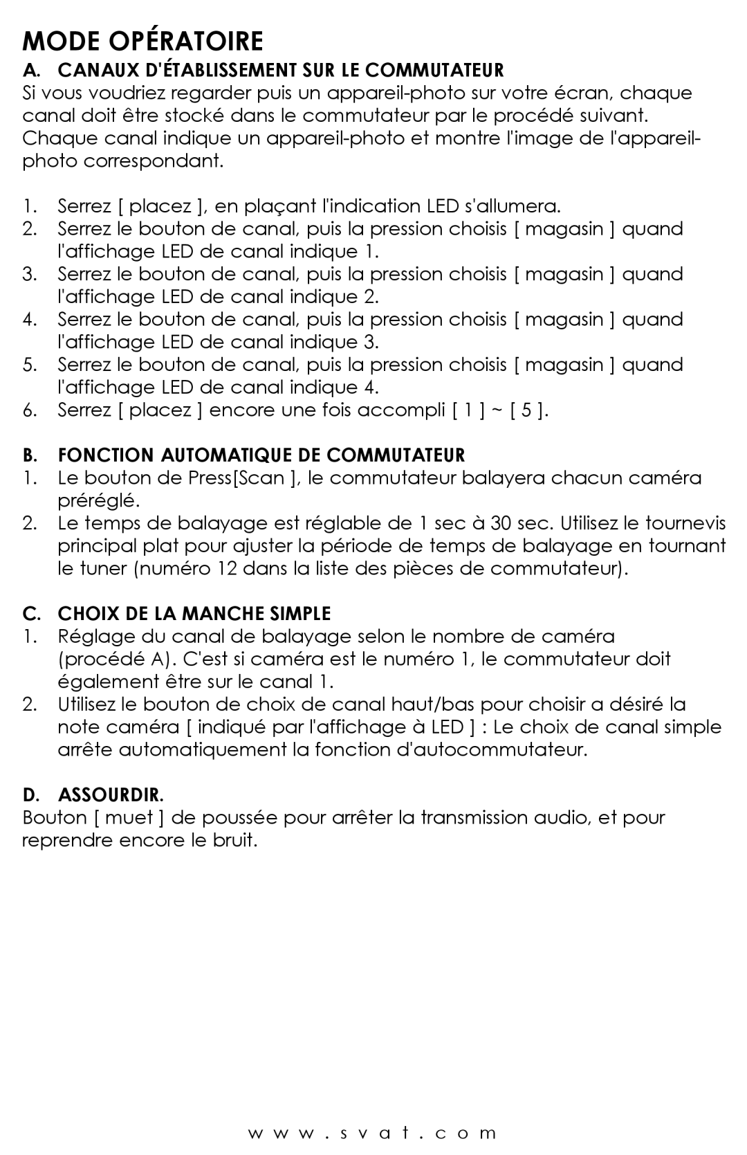 SVAT Electronics S400 Mode Opératoire, Canaux Détablissement SUR LE Commutateur, Fonction Automatique DE Commutateur 