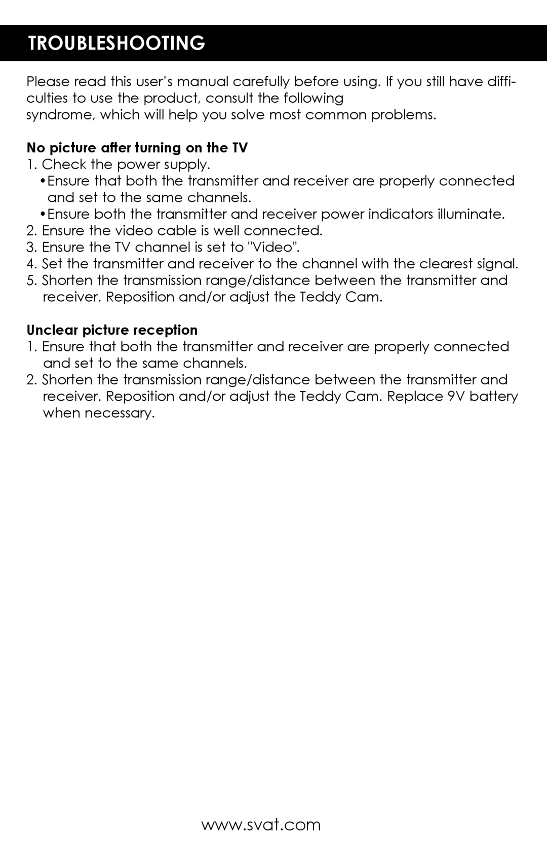 SVAT Electronics UC1301 instruction manual Troubleshooting, Unclear picture reception 