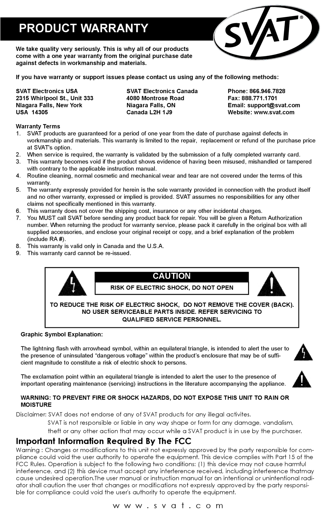 SVAT Electronics UC1301 instruction manual Product Warranty 