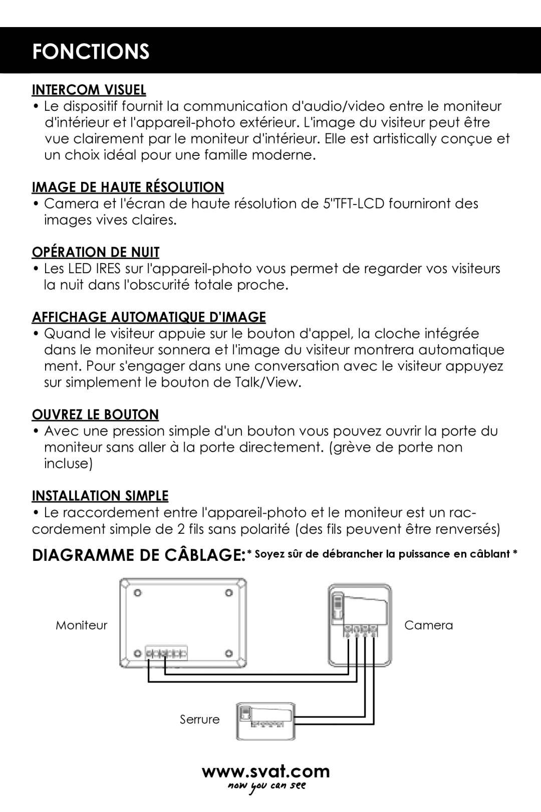 SVAT Electronics VISS7500 user manual Fonctions 