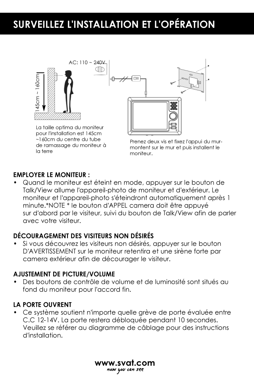 SVAT Electronics VISS7500 Surveillez Linstallation ET Lopération, Employer LE Moniteur, Ajustement DE PICTURE/VOLUME 