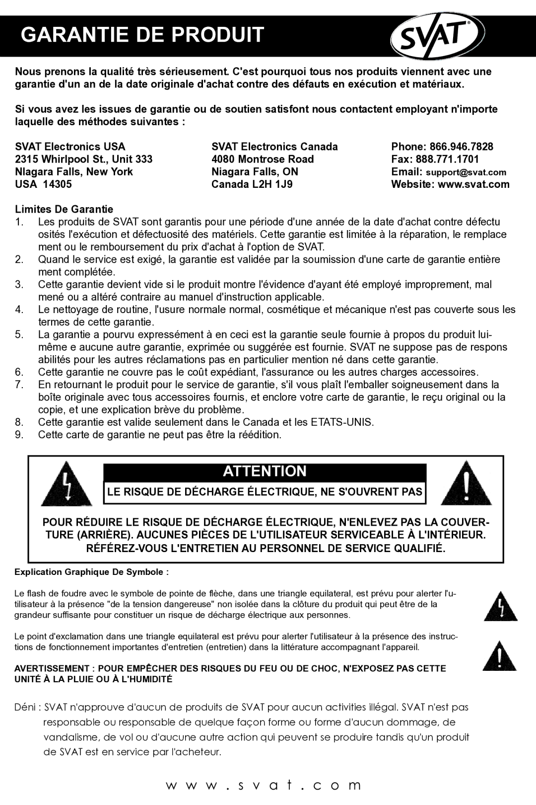 SVAT Electronics VISS7500 user manual Garantie DE Produit 