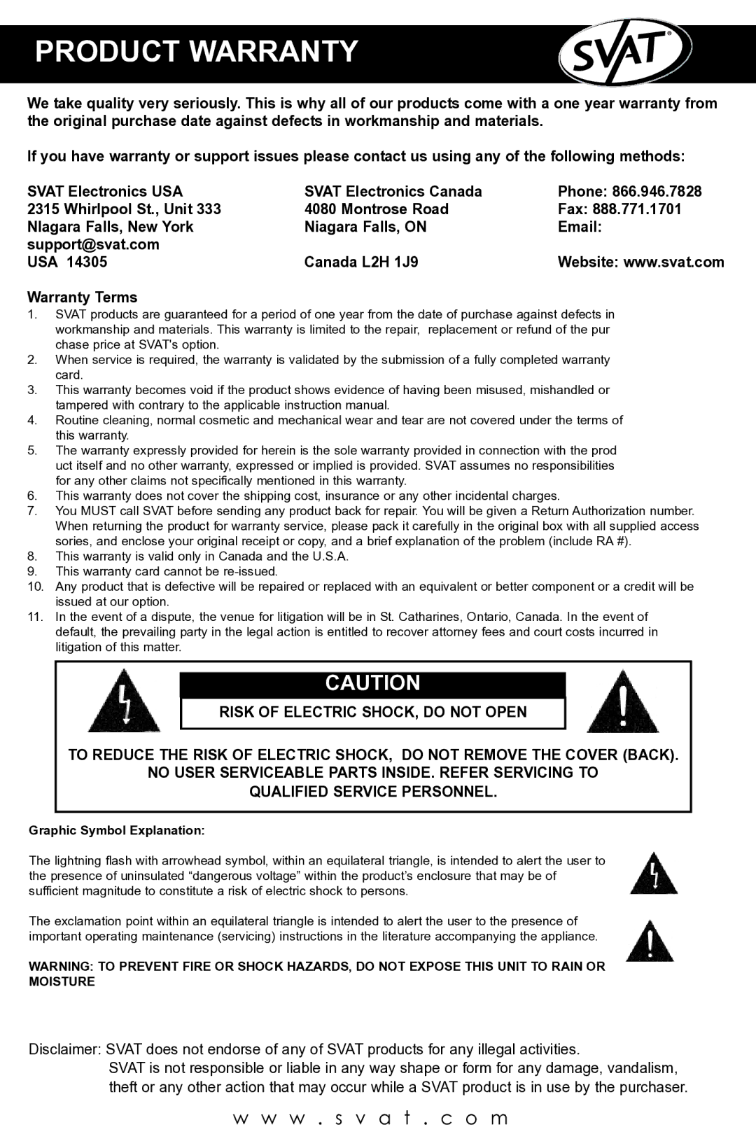 SVAT Electronics VISS7500 user manual Product Warranty 