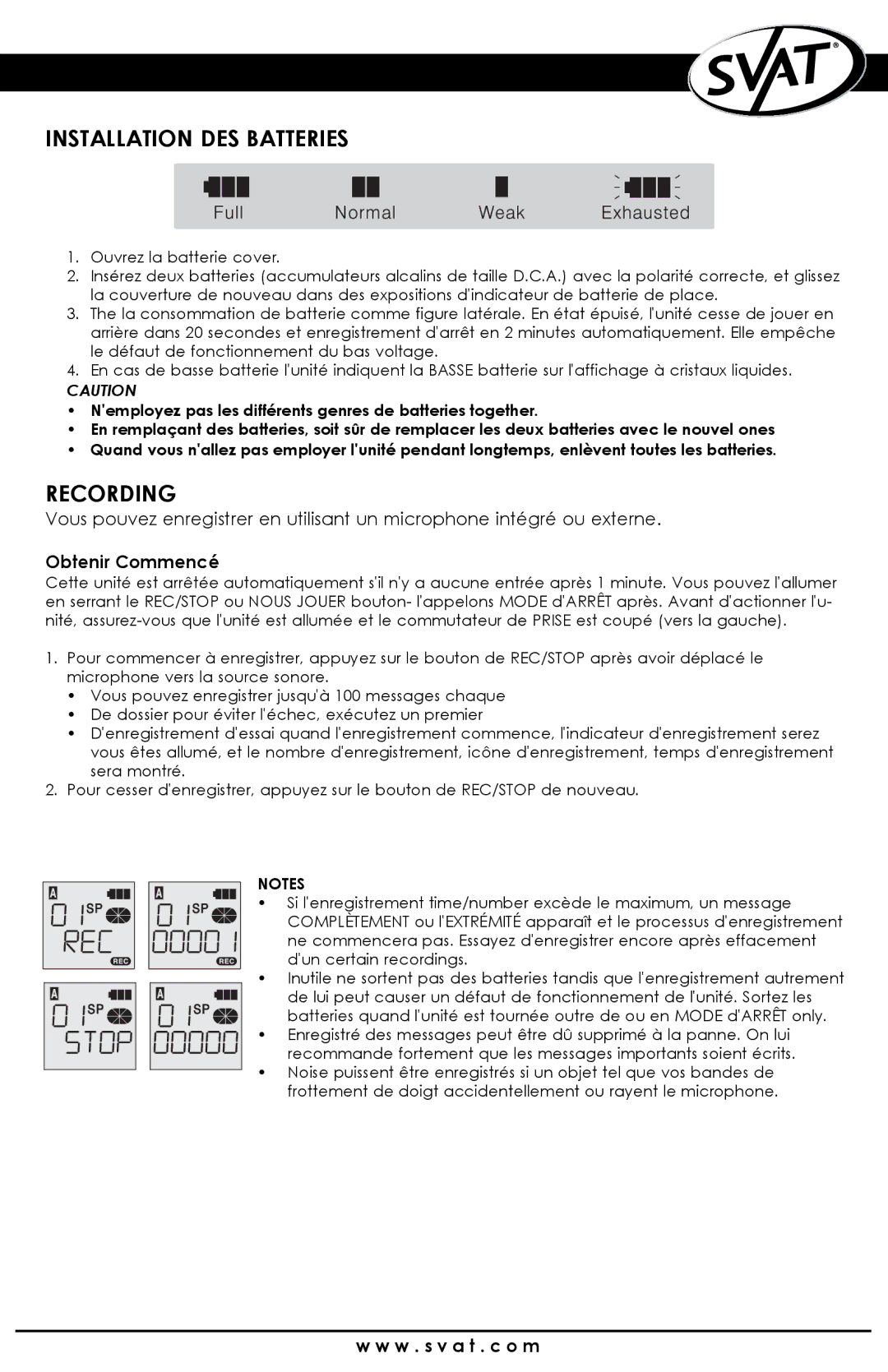 SVAT Electronics VR100 instruction manual Installation DES Batteries, Obtenir Commencé 