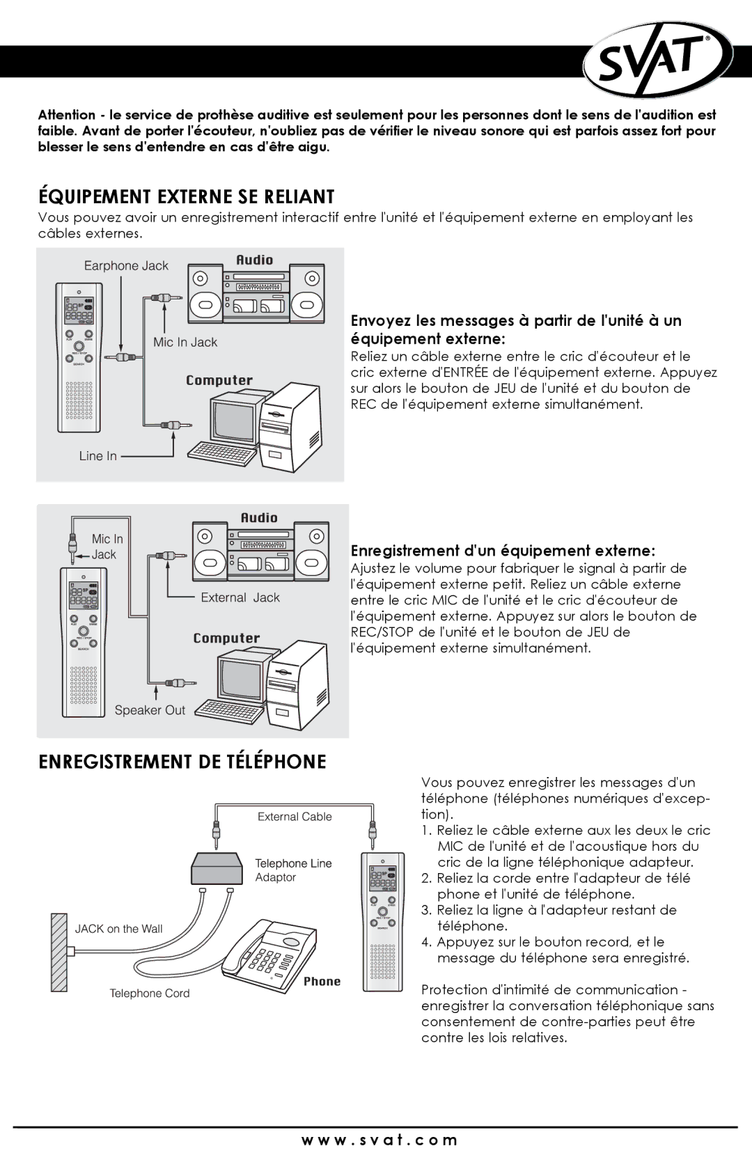 SVAT Electronics VR100 Équipement Externe SE Reliant, Enregistrement DE Téléphone, Enregistrement dun équipement externe 