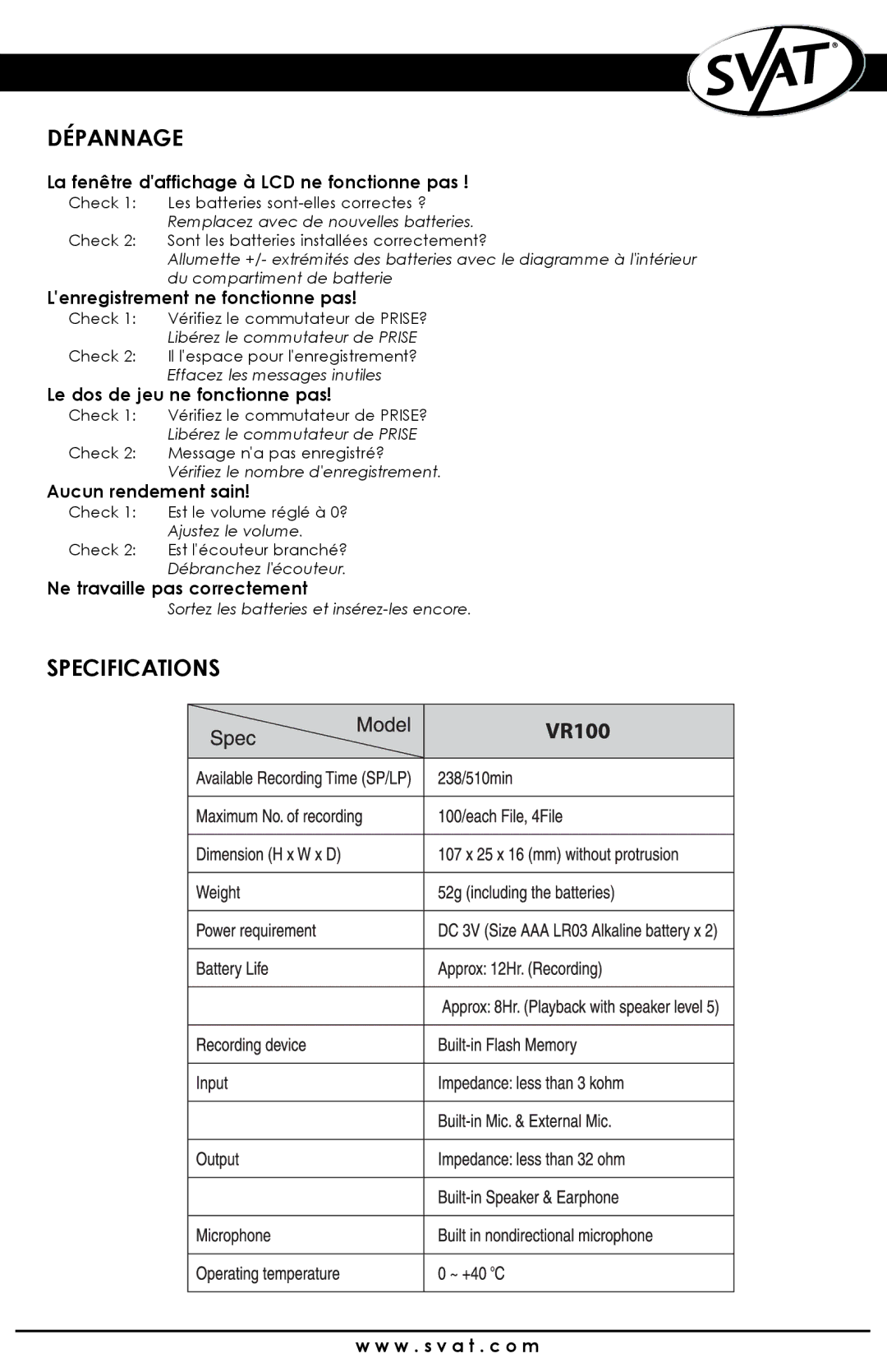 SVAT Electronics VR100 instruction manual Dépannage 