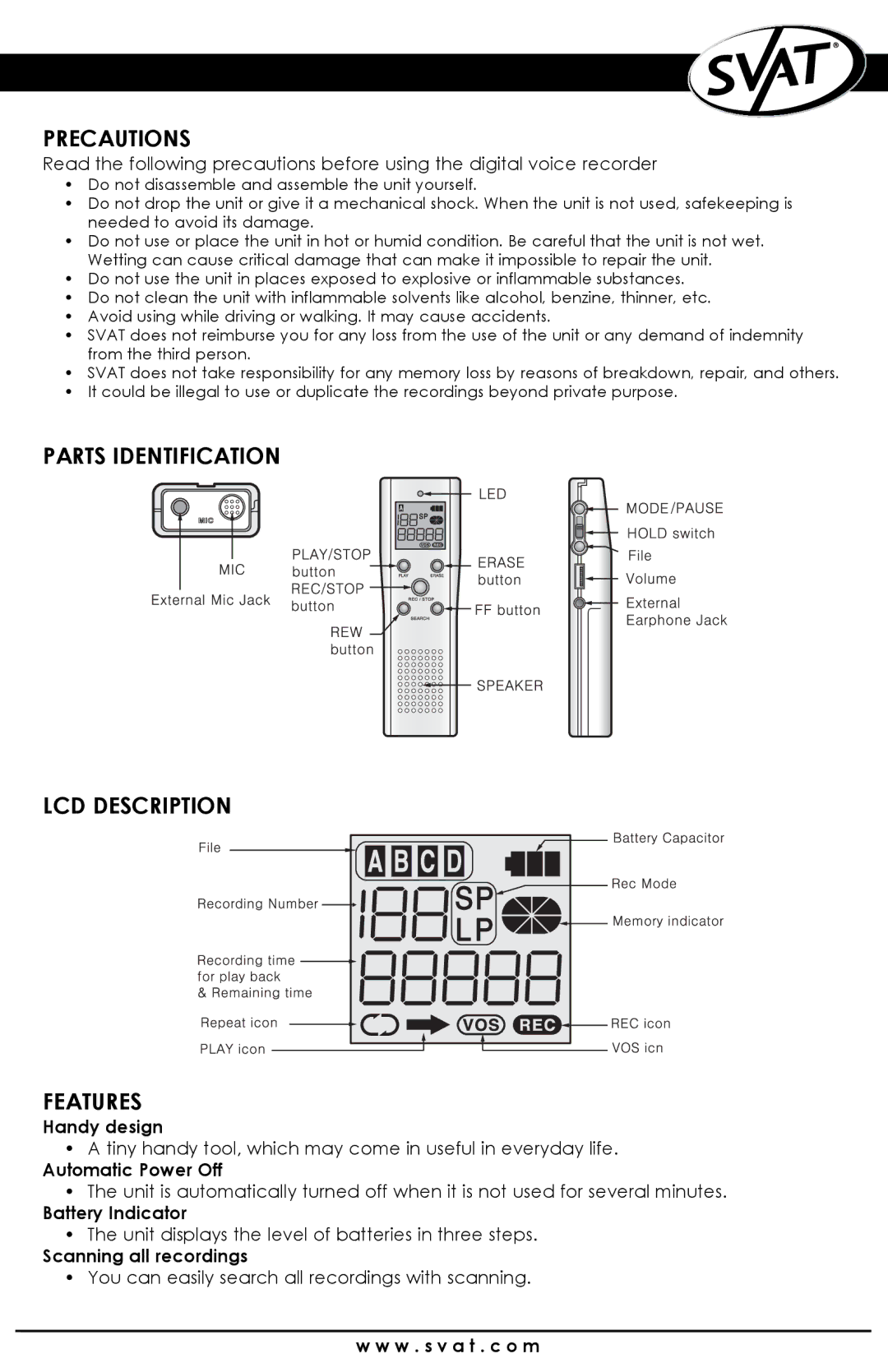 SVAT Electronics VR100 instruction manual Precautions, Parts Identification LCD Description Features 