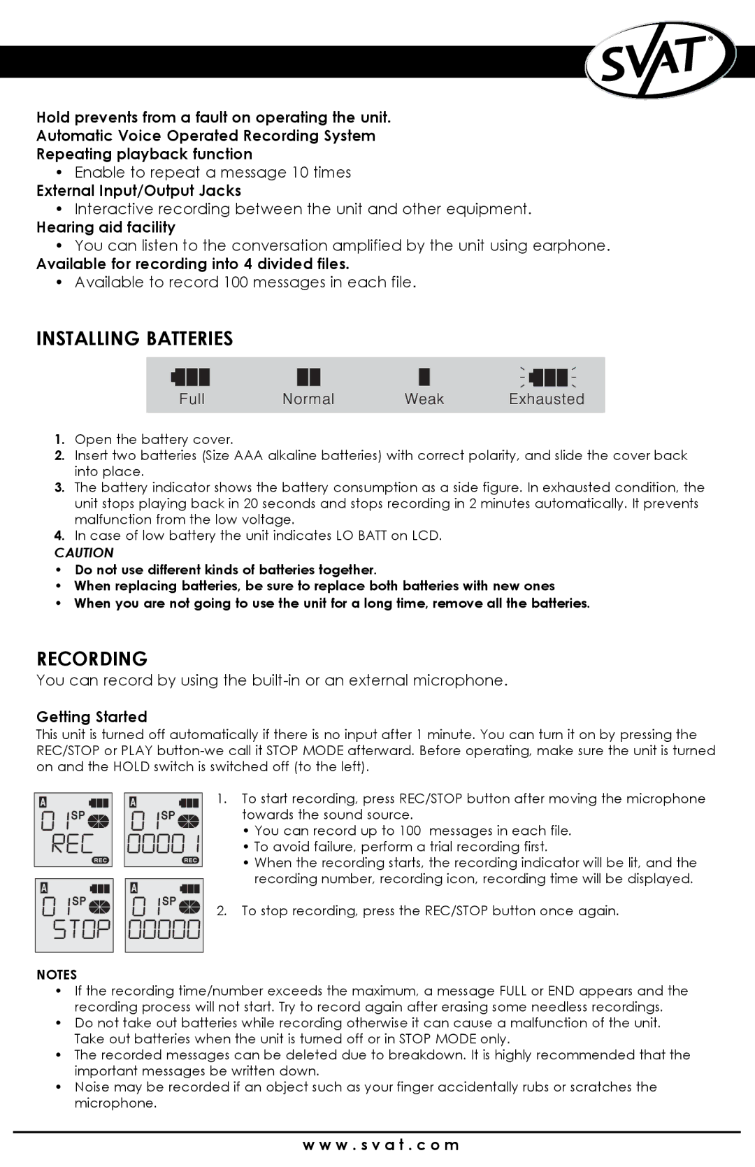 SVAT Electronics VR100 instruction manual Installing Batteries, Recording 