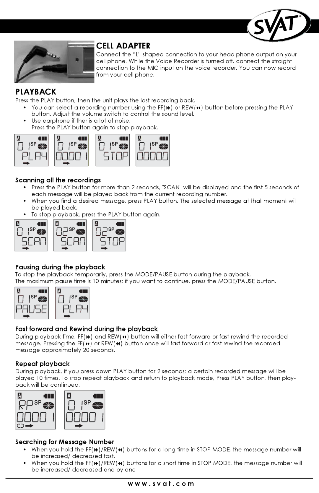 SVAT Electronics VR100 instruction manual Cell Adapter, Playback 