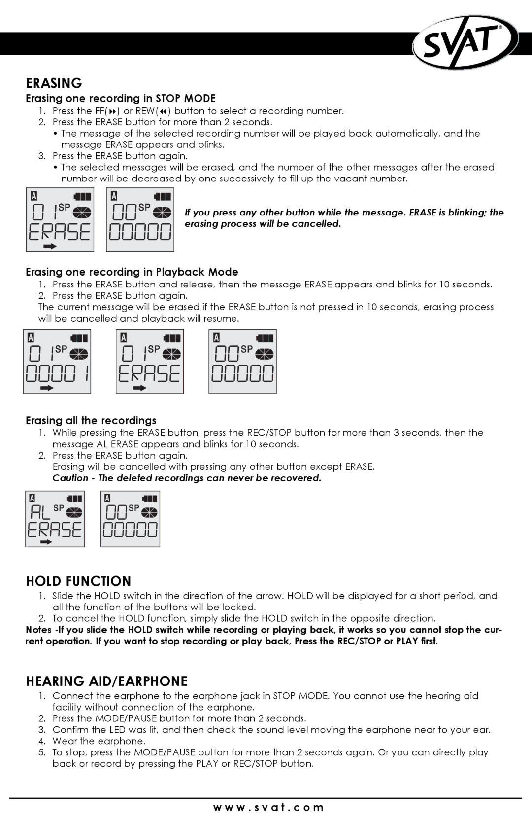 SVAT Electronics VR100 instruction manual Erasing, Hold Function, Hearing AID/EARPHONE 