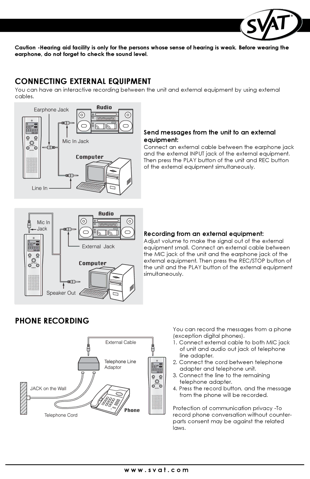 SVAT Electronics VR100 Connecting External Equipment, Phone Recording, Recording from an external equipment 