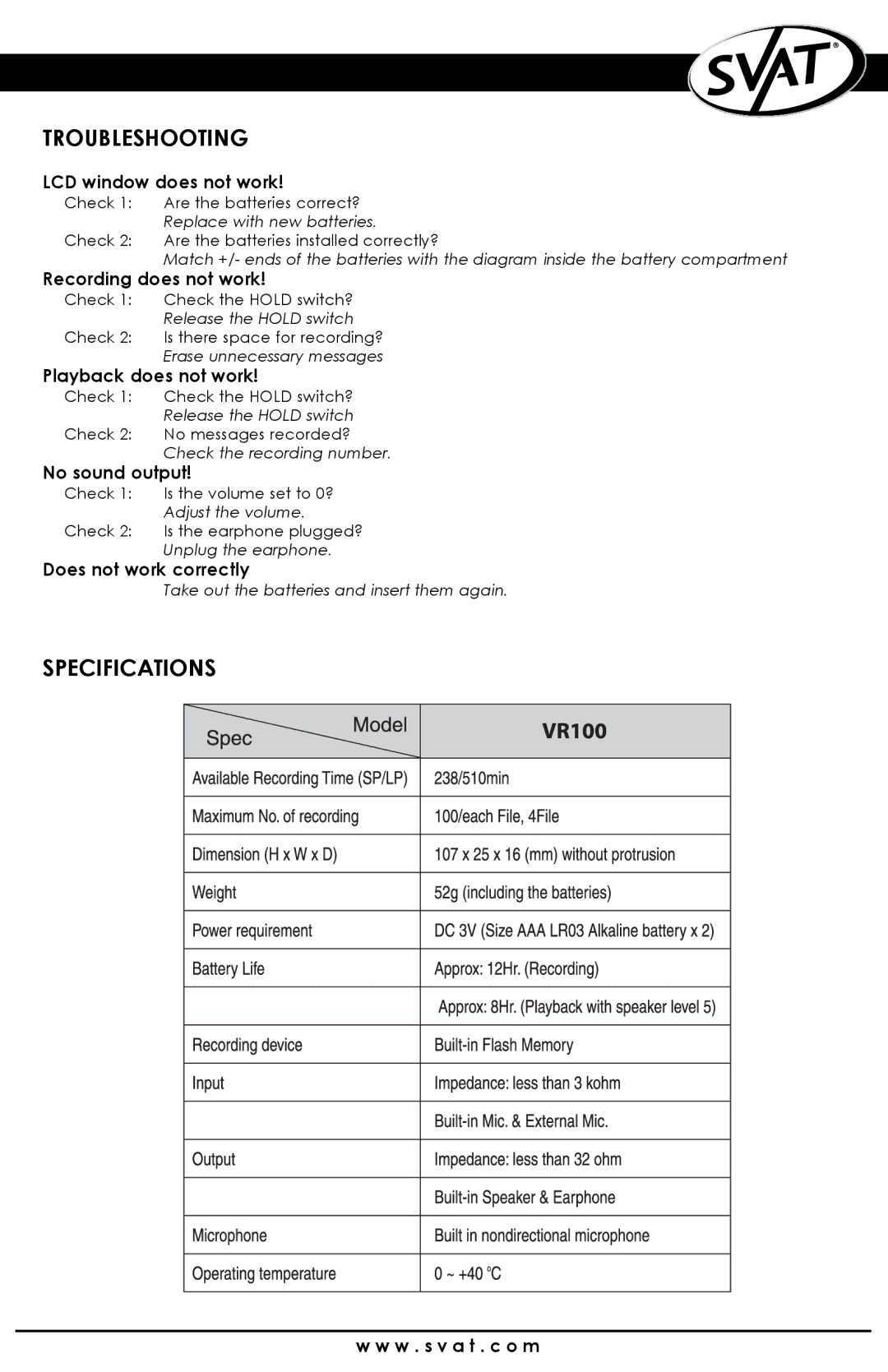 SVAT Electronics VR100 instruction manual Troubleshooting, Specifications 