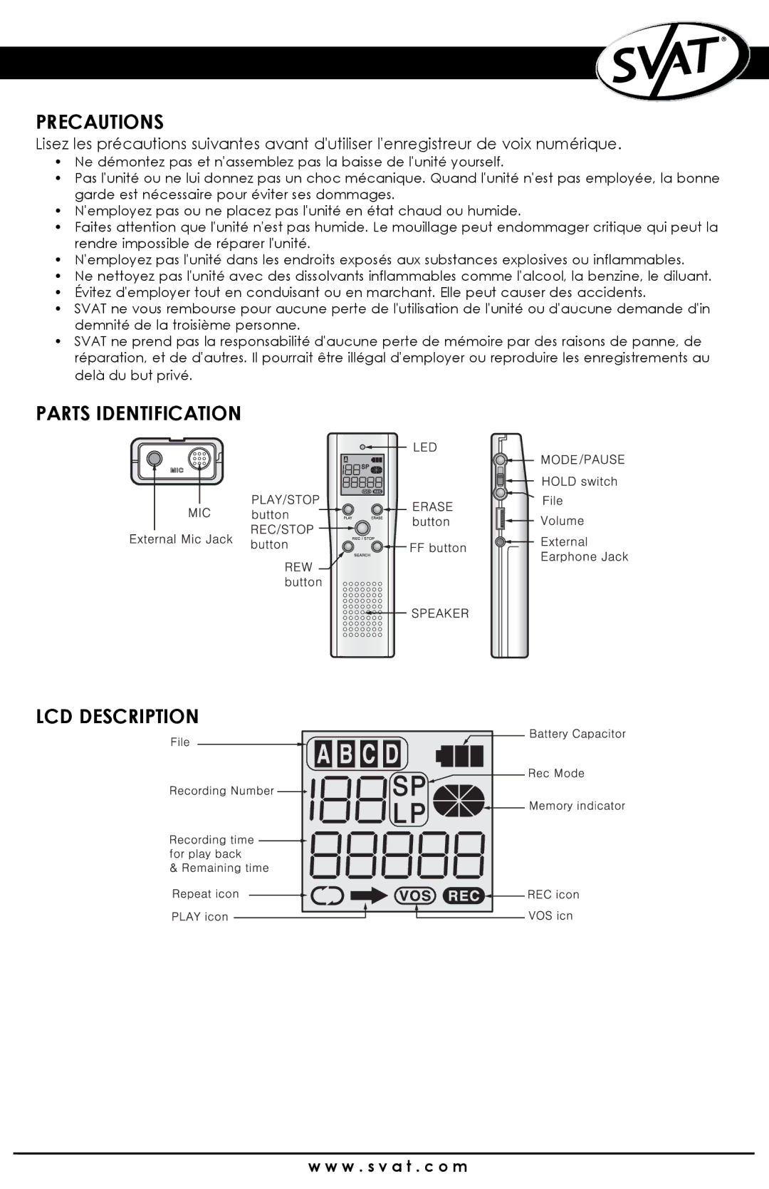 SVAT Electronics VR100 instruction manual Precautions, Parts Identification LCD Description 