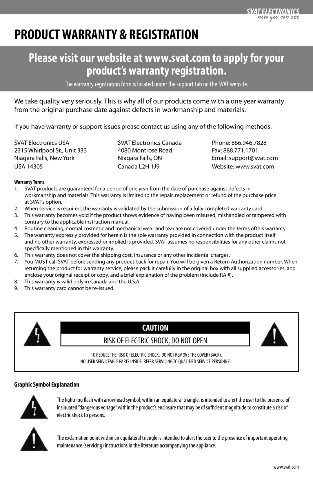 SVAT Electronics VU5 instruction manual Product Warranty & Registration 