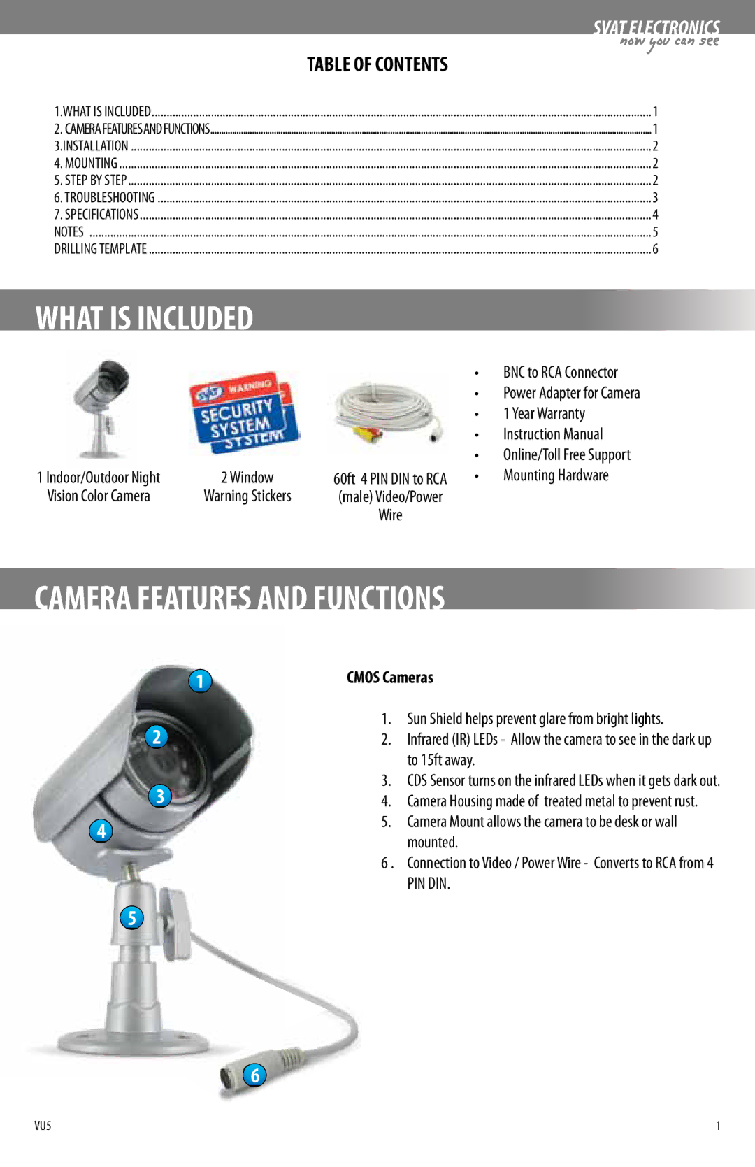 SVAT Electronics VU5 instruction manual Camera Features and Functions, Pin Din 