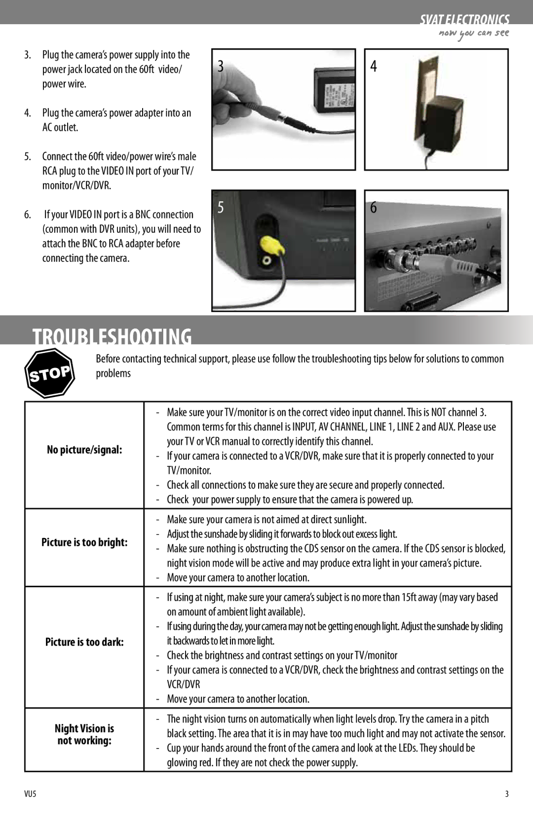 SVAT Electronics VU5 instruction manual Troubleshooting, Vcr/Dvr 