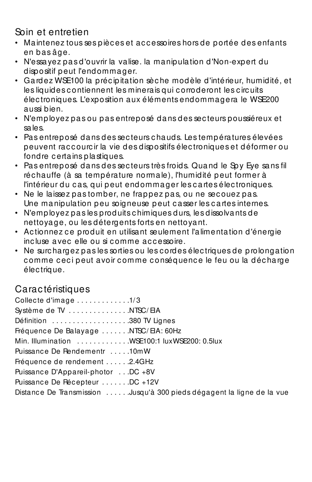 SVAT Electronics WSE100, WSE 200 instruction manual Soin et entretien, Caractéristiques 