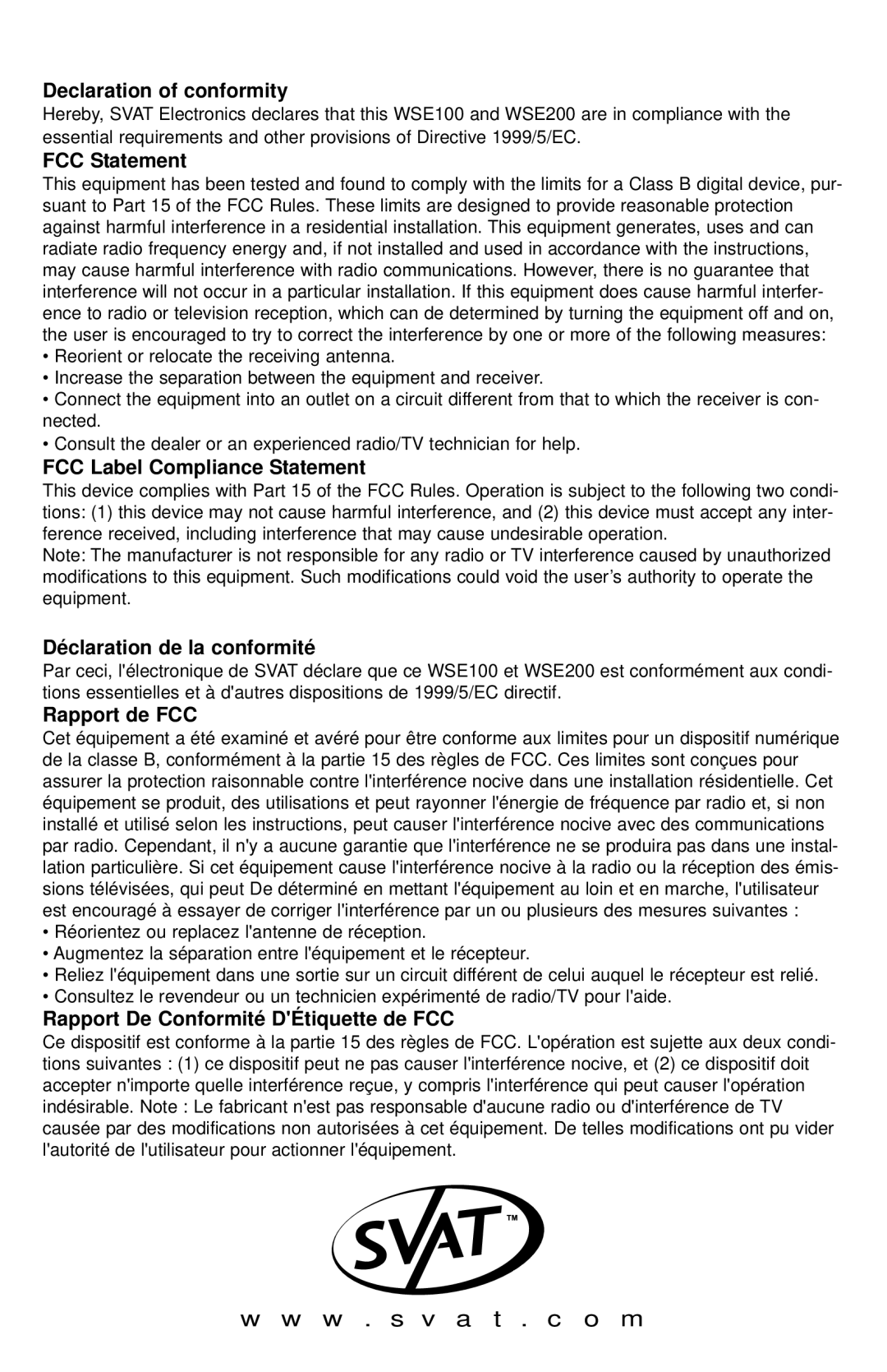 SVAT Electronics WSE100, WSE 200 Declaration of conformity, FCC Statement, FCC Label Compliance Statement, Rapport de FCC 