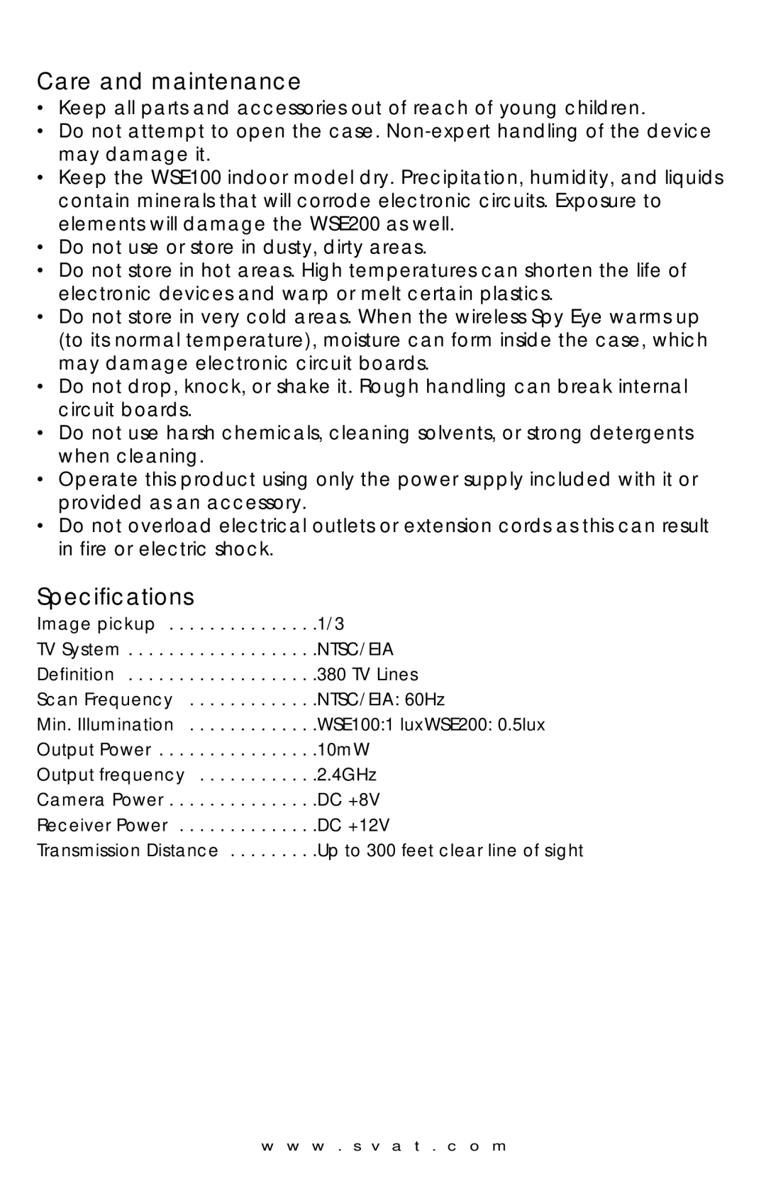 SVAT Electronics WSE 200, WSE100 instruction manual Care and maintenance, Specifications 