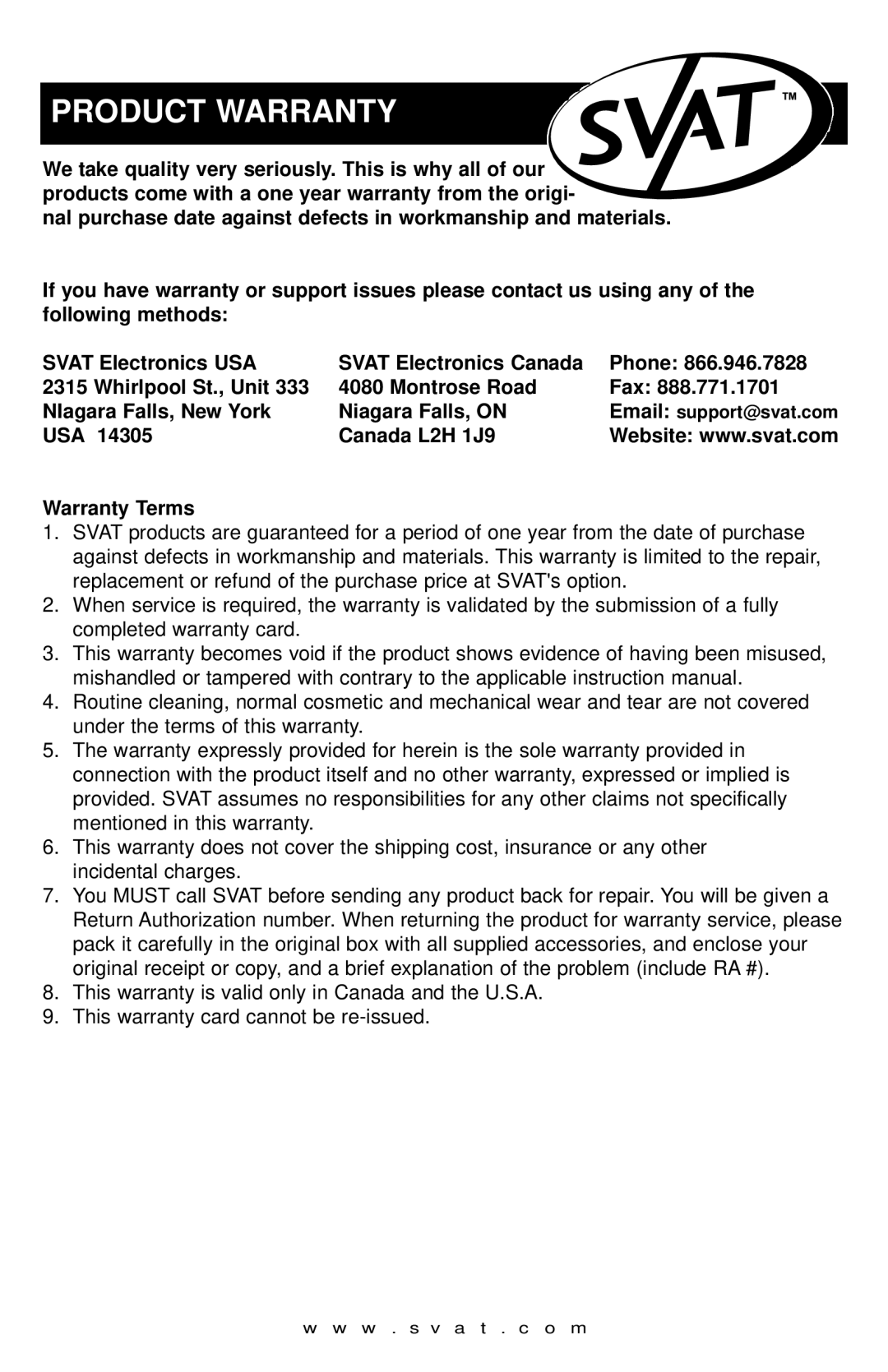 SVAT Electronics WSE100, WSE 200 instruction manual Product Warranty, USA Canada L2H 1J9 Warranty Terms 