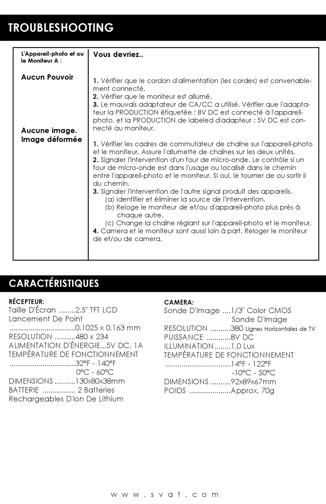 SVAT Electronics WSE300 user manual Specifications, Aucun Pouvoir Aucune image. Image déformée Vous devriez 