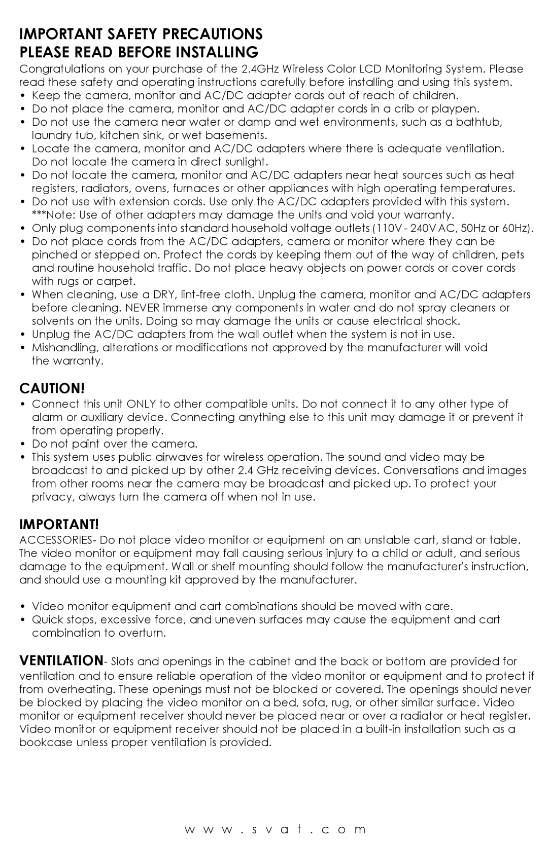 SVAT Electronics WSE300 user manual Important Safety Precautions Please Read Before Installing 