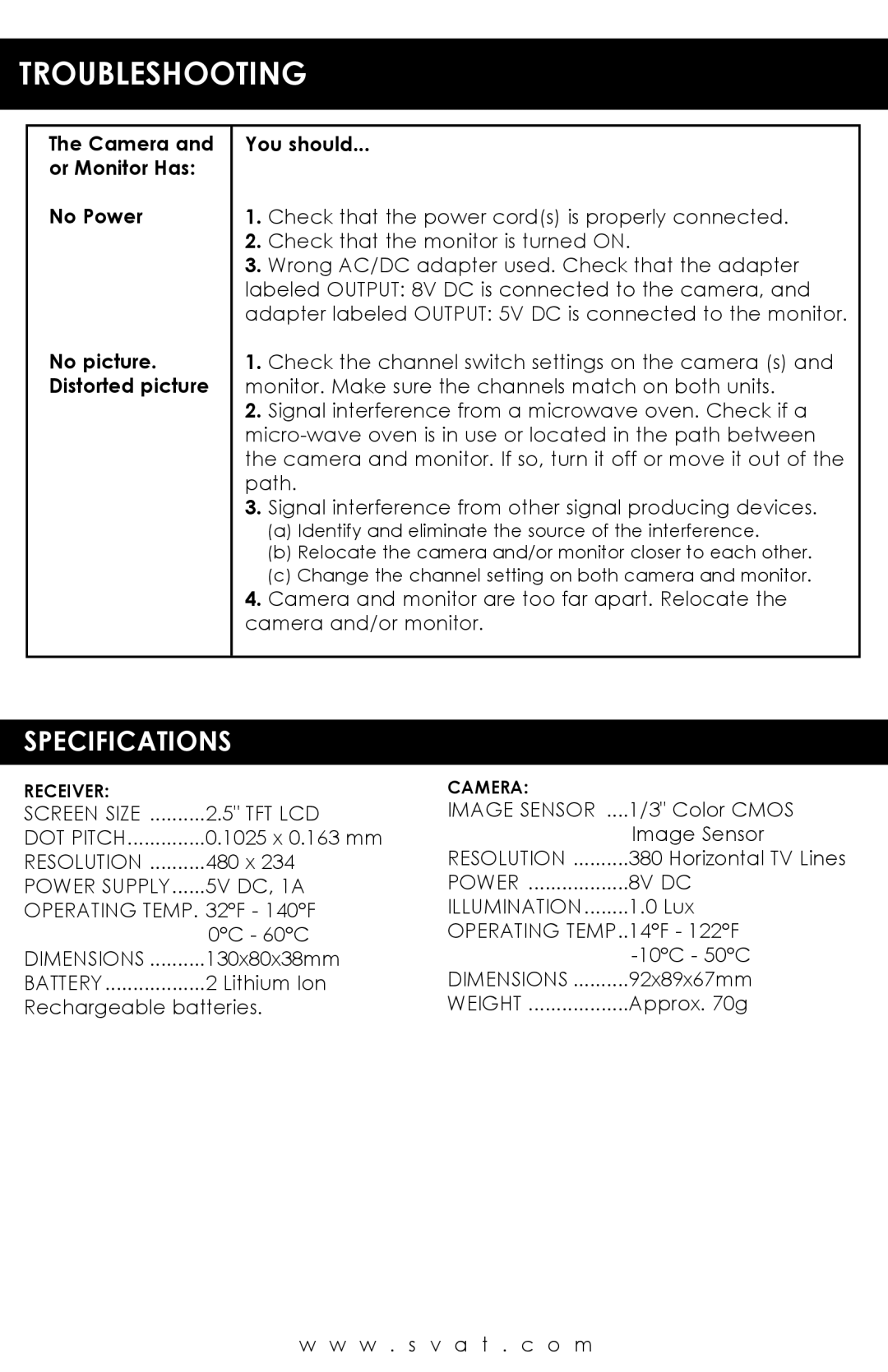 SVAT Electronics WSE300 user manual Troubleshooting, Camera You should Or Monitor Has No Power 