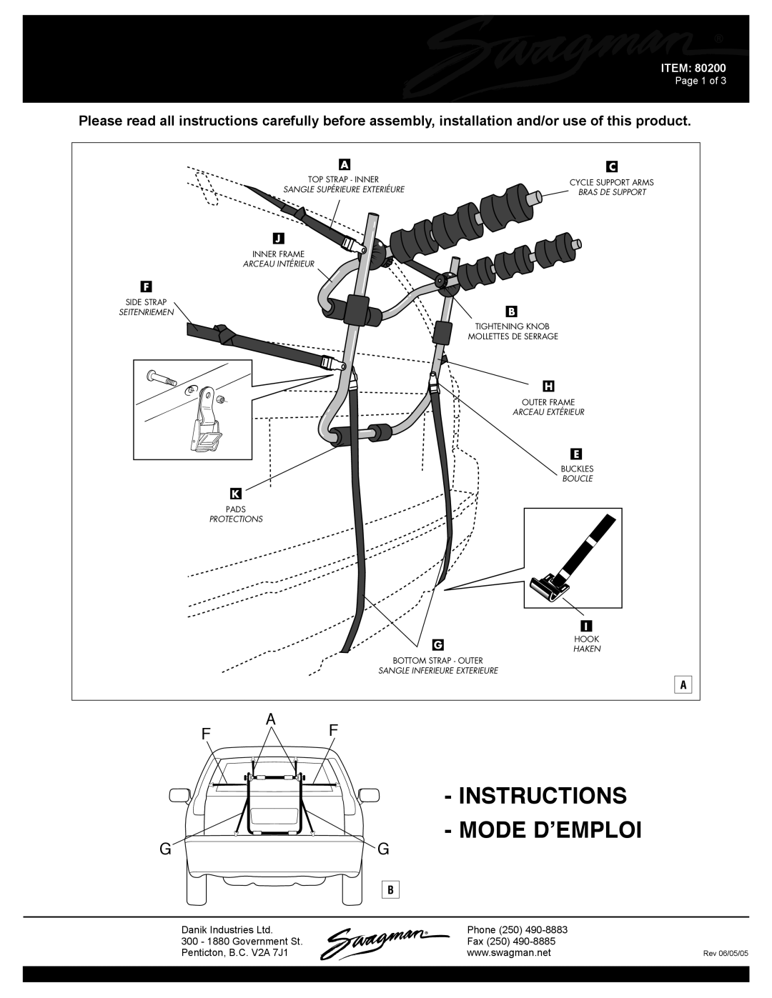 Swagman 80200 manual Mighty Rack, Trunk Mount Bike Carrier 