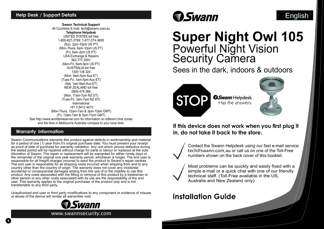 Swann 105 warranty HelpDesk/SupportDetails, Warranty Information, Orabuseofthedevicewillrenderallwarrantiesvoid 