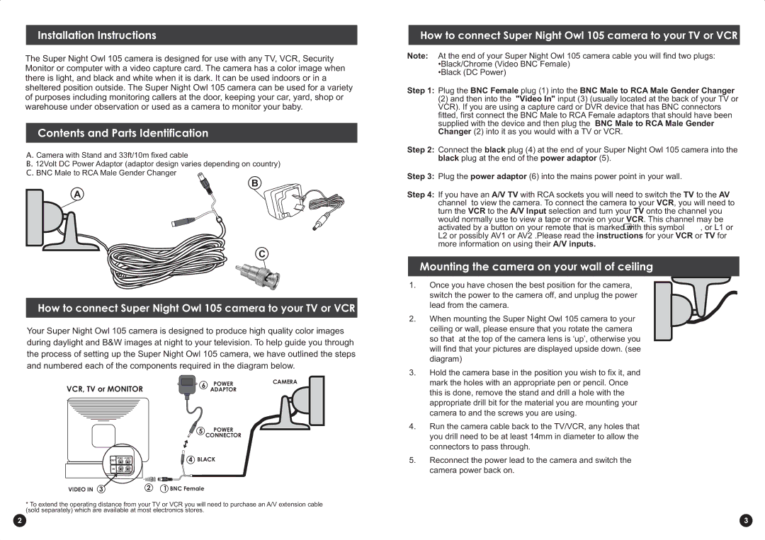 Swann 105 warranty InstallationInstructions, ContentsandPartsIdentification, Mountingthecameraonyourwallofceiling 