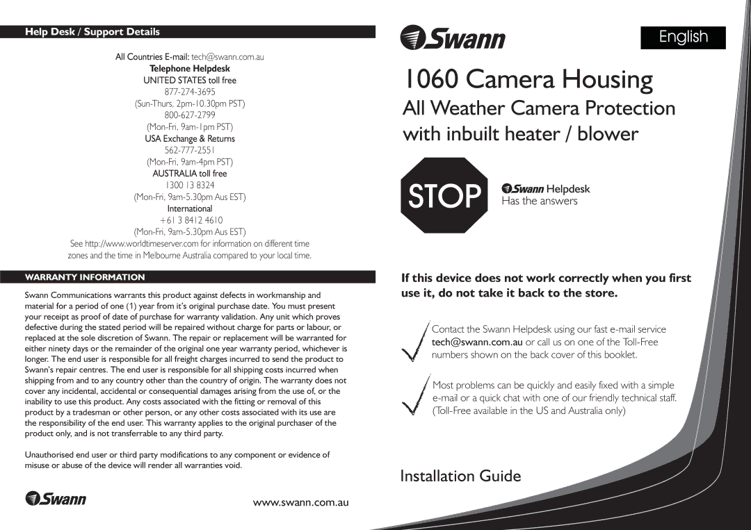 Swann 1060 warranty Camera Housing 