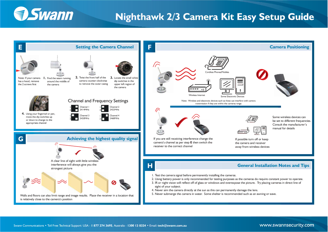 Swann 3-Feb setup guide Setting the Camera Channel, Camera Positioning, General Installation Notes and Tips 