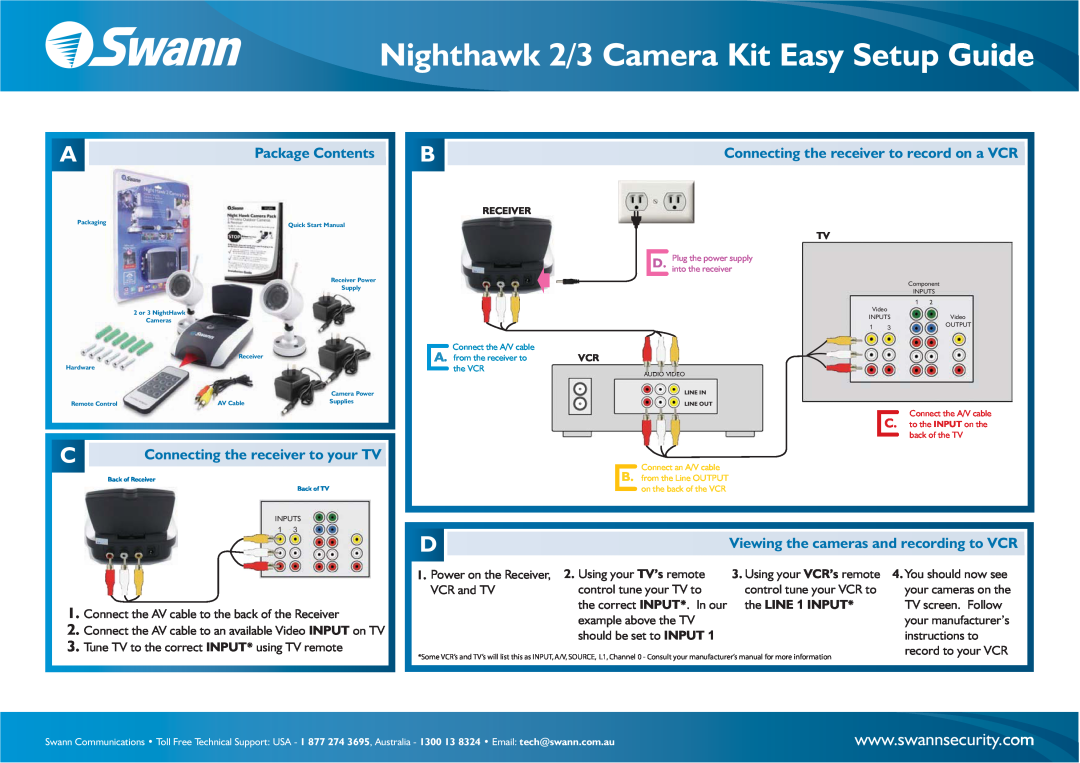 Swann 3-Feb setup guide Nighthawk, Package Contents, C Connecting the receiver to your TV, TV screen. Follow, Receiver Tv 