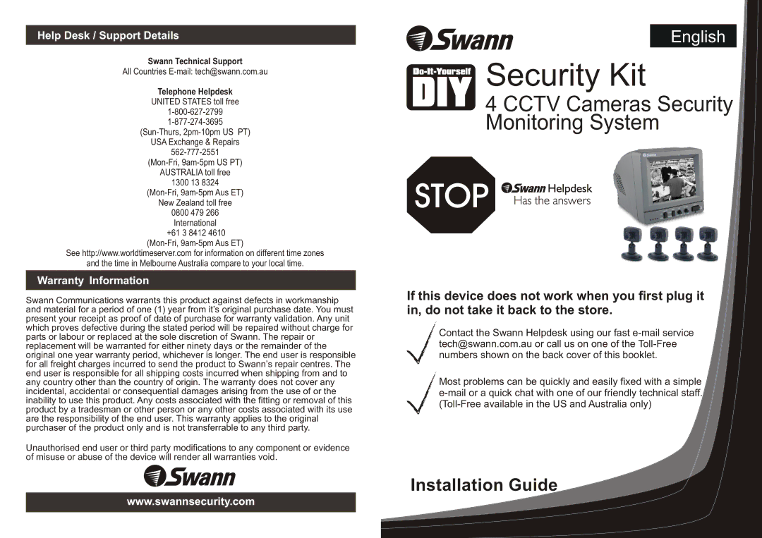 Swann 4 CCTV Cameras Security Monitoring System warranty Help Desk / Support Details, Warranty Information 