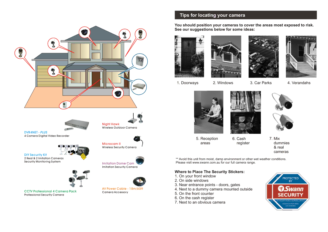 Swann 4 CCTV Cameras Security Monitoring System Tips for locating your camera, Where to Place The Security Stickers 